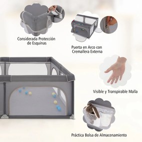 Parque para bebés 206 x 147 x 68,5 cm com rede respirável, bolsa de transporte, 50 bolas oceânicas e porta com fecho de correr – Cinzento