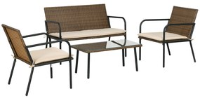 Outsunny Conjunto de Jardim de 4 Peças em Vime Sintético com 2 Poltronas 1 Sofá de 2 Lugares e 1 Mesa de Vidro Temperado Multicolor