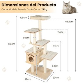 Arranhador para gatos moderna com plataforma superior de madeira 70 x 50 x 170 cm Natural