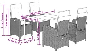 5 pcs conjunto de jantar p/ jardim c/ almofadões vime PE preto