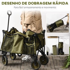 Outsunny Carrinho Dobrável de com Rodas Carrinho para Praia com Guiador Telescópico Bancada Dobrável 5 Bolsas de Armazenamento Estrutura de Aço e Tecido de Oxford 108x55x93cm Verde Escuro