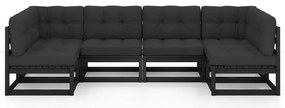 6pcs conjunto longue de jardim c/ almofadões pinho maciço preto