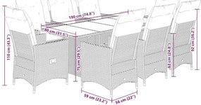 9 pcs conjunto de jantar p/ jardim c/ almofadões vime PE preto