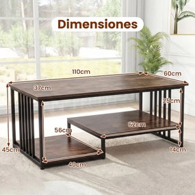Mesa de centro retangular 110 x 60 x 45 cm com 2 prateleiras de arrumação, Estrutura metálica resistente, mesa moderna para sala de estar em castanho