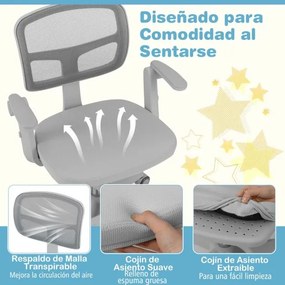 Cadeira de escritório para crianças com apoios de braços, apoio para os pés e rodas universais com altura ajustável 57 x 55 x 80-91 cm Cinza