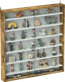 Vitrine para coleção, vitrine de parede, 80 x 9,5 x 83 cm, 6 prateleiras com altura ajustável, 2 portas de correr em vidro branco, castanho rústico