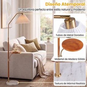 Candeeiro de Pé Altura: 160 com Mesa Auxiliar, Abajur Ajustável, Dourado