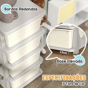 Organizador de Brinquedos 37x37x76 cm com 4 Gavetas Torre de Arrumação para Crianças +3 Anos Cantos Arredondados e Pegas  Creme