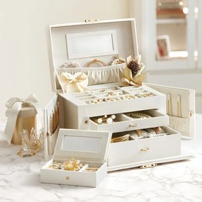 Caixa para joias de 3 níveis 18,2 x 26 x 17,4 cm com revestimento em PU em branco