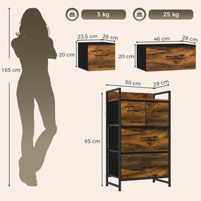 Cómoda com 4 Gavetas em Tecido para Quarto com Prateleira Superior e Estrutura Metálica Castanho Rústico