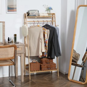 Guarda roupa com 2 prateleiras, 2 ganchos e 1 barra de suspensão em bambu - 82 x 36,8 x 140 cm