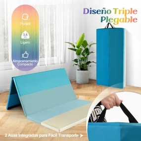 Tapete dobrável para ginástica portátil 183 cm, tripla dobragem com capa de pele sintética e acolchoamento de espuma EPE com alça Azul