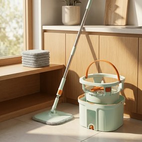 Esfregona giratória com balde separador de água limpa e suja Cabeça quadrada Autoescorregável Panos de microfibra verde menta