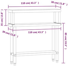 Mesa trabalho cozinha c/ prateleira 110x30x120cm aço inoxidável