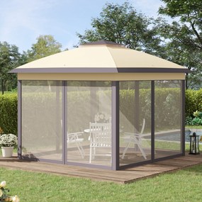 Outsunny Pérgola Dobrável Exterior 3,3x3,3x2,88m com Altura Ajustável Pérgola de Jardim com Duplo Teto 4 Mosquiteiras Removíveis e Bolsa de Transporte para Acampamento Festas Bege