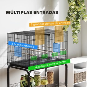 Gaiola para Pássaros com Divisória Rodas Gaiola para Aves com Comedouros Poleiros e Bandeja Removível 76x46x116 cm Preto