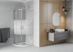 Mexen Rio cabine de duche semicircular 90 x 90 cm, faixas brancas, cromado + base Flat, branco - 863-090-090-01-20-4110