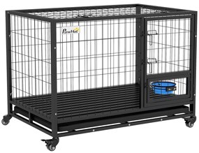 PawHut Gaiola para Cães com Parte Superior Rebatível Suporte de Tigelas Bandeja Amovível Rodas e Porta Dupla 109x72x79 cm Preto