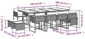 13 pcs conjunto jantar p/ jardim c/ almofadões vime PE cinzento