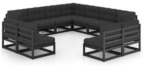 11 pcs conjunto longue jardim c/ almofadões pinho maciço preto
