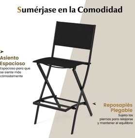 Conjunto de 2 bancos Bar dobráveis para varanda, jardim e piscina com estrutura metálica e apoio para os pés  Carga de 150 kg 46 x 57 x 102 cm Preto