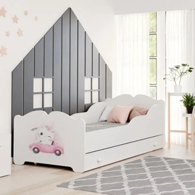 Cama infantil ANNA branca com gaveta 160x80 - gato rosa - colchão e estrado incluído