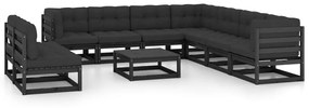 vidaXL 10 pcs conjunto longue jardim c/ almofadões pinho maciço preto