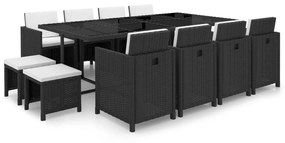vidaXL 13 pcs conjunto jantar exterior com almofadões vime PE preto