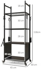 Suporte para Lenha com Rodas e 4 Níveis – 45x30x118 cm | Inclui Pá, Es