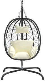 Cadeira forma ovo suspensa vime PE/aço c/ almofadão branco nata