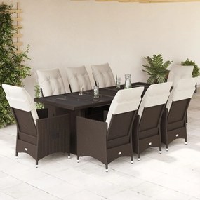 vidaXL 9 pcs conjunto bistrô de jardim c/ almofadões vime PE castanho