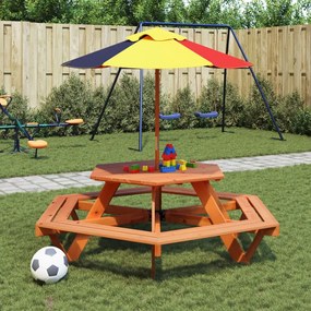 vidaXL Mesa de piquenique para 6 crianças com guarda-sol abeto maciço