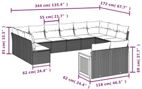 12 pcs conjunto de sofás jardim c/ almofadões vime PE cinzento