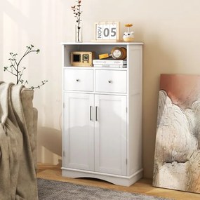 Armário de casa de banho de chão com 2 portas, 2 gavetas e 2 prateleiras ajustáveis Organizador de armazenamento 60 x 30 x 108 cm Branco