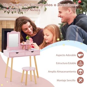 Toucador e banco de madeira para crianças com espelho retangular e 2 gavetas grandes 70 x 34 x 100 cm Rosa