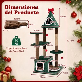 Árvore de Natal para Gatos, 77 x 62 x 137 cm, Sistema Anti-Tombamento, Verde