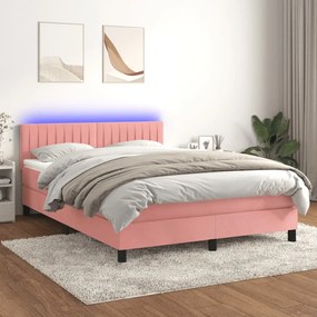 Cama box spring c/ colchão/LED 140x200 cm veludo rosa