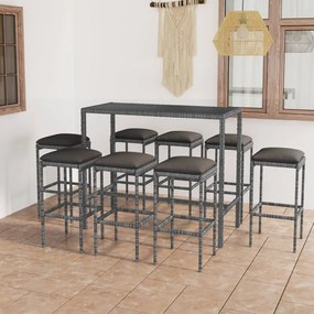 vidaXL 9 pcs conjunto de bar p/ jardim c/ almofadões vime PE cinzento