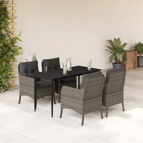 5 pcs conjunto de jantar p/ jardim c/ almofadões vime PE cinza