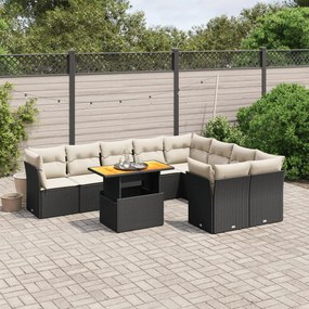 10 pcs conjunto sofás de jardim c/ almofadões vime PE preto