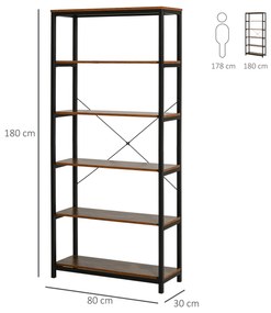 Estante estilo industrial com 6 prateleiras abertas para sala de estar Escritório 80x30x180 cm Castanho Rústico