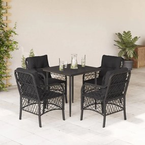 5 pcs conjunto de jantar p/ jardim c/ almofadões vime PE preto