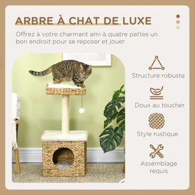Arranhador para gatos de 2 níveis com 1 nicho, 1 poste de sisal, 1 plataforma de observação e 1 pompom suspenso