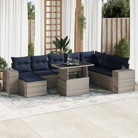 9 pcs conjunto sofás jardim almofadões vime PE/acácia cinzento