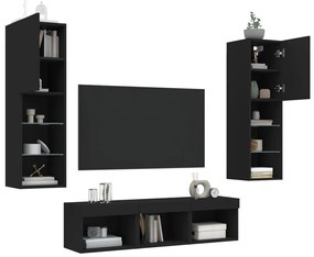 5 pcs móveis de parede p/ TV c/ LEDs derivados de madeira preto