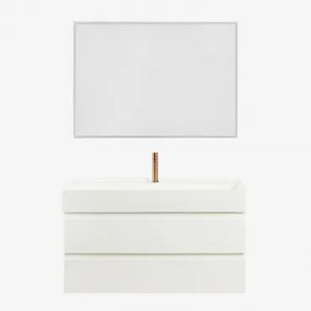 Conjunto De Móvel De Casa De Banho Suspenso Em Madeira E Folha De Freixo Com Lavatório Integrado Ona Branco & Led Retangular - Sklum