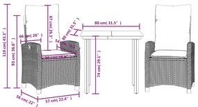 3 pcs conjunto jantar p/ jardim c/ almofadões vime PE castanho