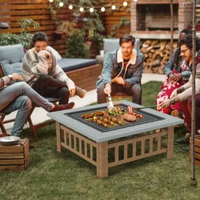 Mesa Braseira de Exterior 81 x 81 x 50 cm de Madeira 3 em 1 com Proteção contra Faíscas Grelha para Lenha Grelha para Churrasco Capa para Chuva Cinza