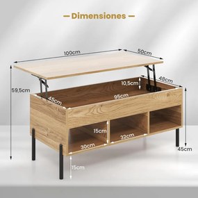 Mesa de centro com tampo elevável 100 x 50 x 46 cm, amplo compartimento oculto, 3 prateleiras abertas e pernas de metal para sala e escritório Natural