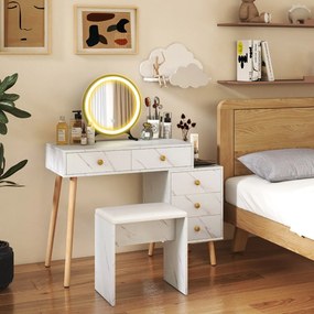 Conjunto de Toucador para maquilhagem com espelho removível, 3 luzes, 5 gavetas e banquinho acolchoado branco